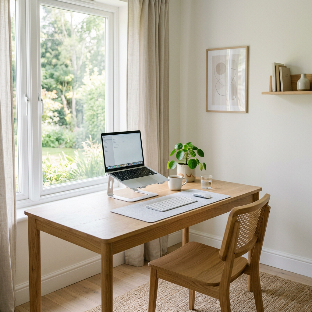 Wooden desk with laptop on stand, keyboard, mouse, plant, coffee cup, and glass of water near a window