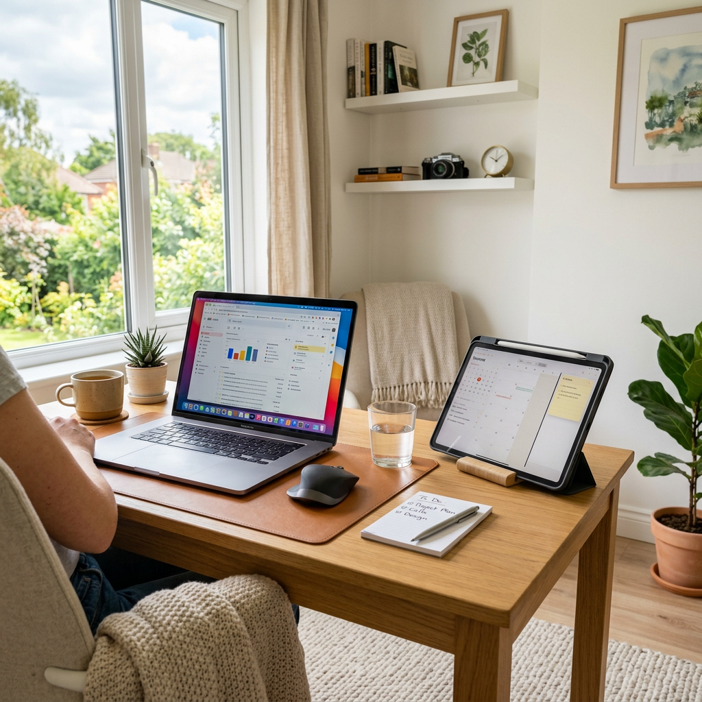 Home office desk with open laptop displaying email and tablet showing calendar