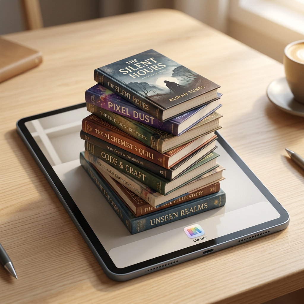 Stack of fantasy books titled The Silent Hours, Pixel Dust, The Alchemist's Quill, Code & Craft, and Unseen Realms on a tablet screen