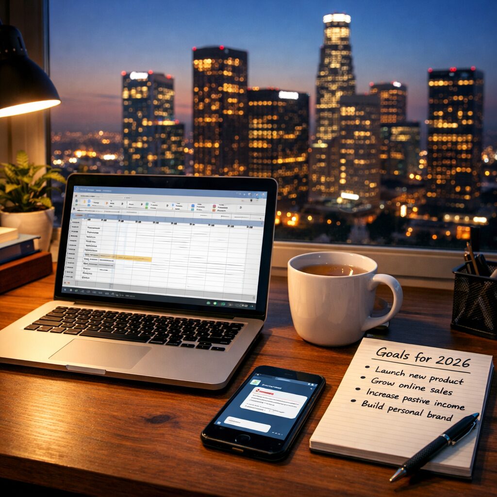 A crisp, high-resolution photograph of a small, modern home office at dusk: a laptop with a half-finished spreadsheet on screen, a mug with cooling tea, a notepad with bullet-pointed goals, and a smartphone showing a client message. In the background a city skyline glows with office lights. The scene conveys focused, intentional work—technology and human planning together—capturing the balance between tools and strategy that defines successful side hustles in 2026.