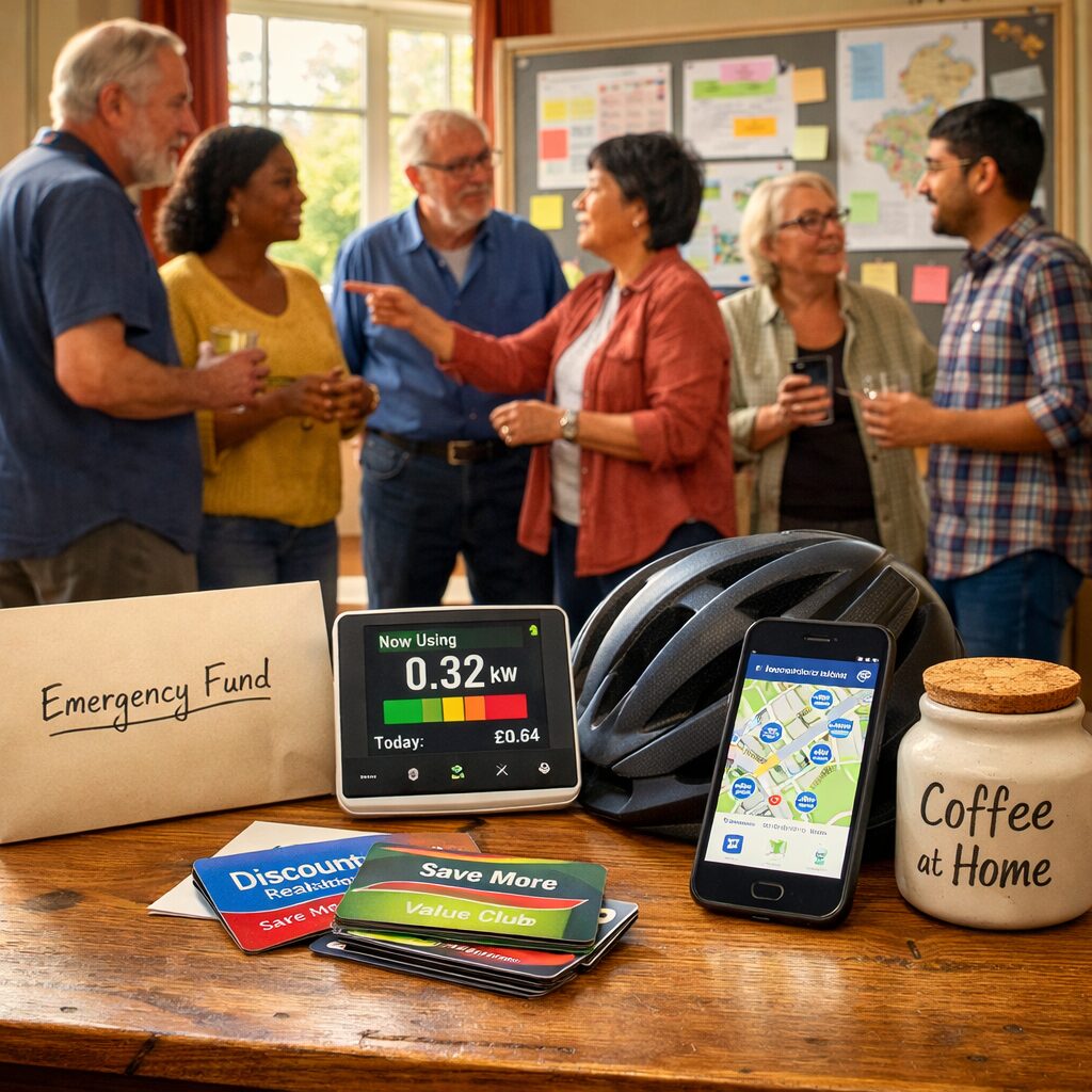A high-resolution photograph of a diverse urban neighbourhood meeting in a sunlit community hall. On a wooden table in the foreground are everyday objects representing saving strategies: a sealed envelope labelled "Emergency Fund", a smart meter display showing reduced energy use, a stack of discount supermarket loyalty cards, a bicycle helmet beside a shared-mobility app open on a smartphone, and a small ceramic jar marked "Coffee at Home". In the background, neighbours of different ages converse animatedly over charts pinned to a noticeboard, suggesting local experiments and collaboration. The overall tone is warm, practical and purposeful, emphasising collective agency and everyday resilience.