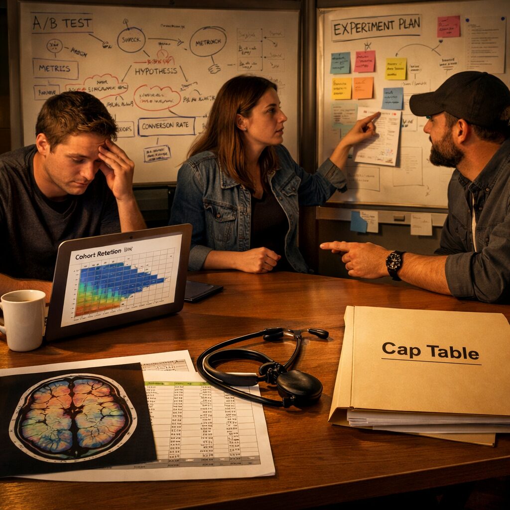 A high-resolution photograph taken at dusk of a small startup office: a long table with three founders in mid-discussion, whiteboards in the background covered with hypothesis diagrams and annotated metrics. One founder rubs their temple, a laptop open to a cohort-retention chart; another points to a pre-registered experiment plan pinned with coloured Post‑its. A coffee cup, a stethoscope-like headset and a legal folder labelled ‘Cap Table’ sit on the table, symbolising product, wellbeing and governance. Warm window light falls across a printed neuroscience brain-scan image juxtaposed with a spreadsheet, visually linking biology and data-driven business decisions.