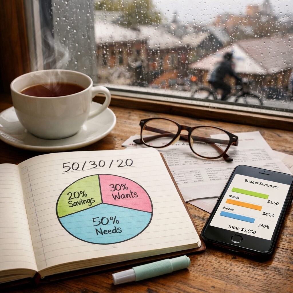 A high‑resolution photograph of a small wooden table near a window on a rainy late‑autumn afternoon. On the table sits an open notebook with a hand‑drawn pie chart labelled 50/30/20 in neat handwriting, coloured with pastel markers. Beside it, a cup of tea emits a faint wisp of steam; a pair of spectacles rest on top of a bank statement; a smartphone shows a budget app summarised in simple bars. Through the window, blurred city rooftops and a cyclist passing by hint at everyday life. The composition balances calm, practical intent with the real‑world texture of everyday financial decisions.