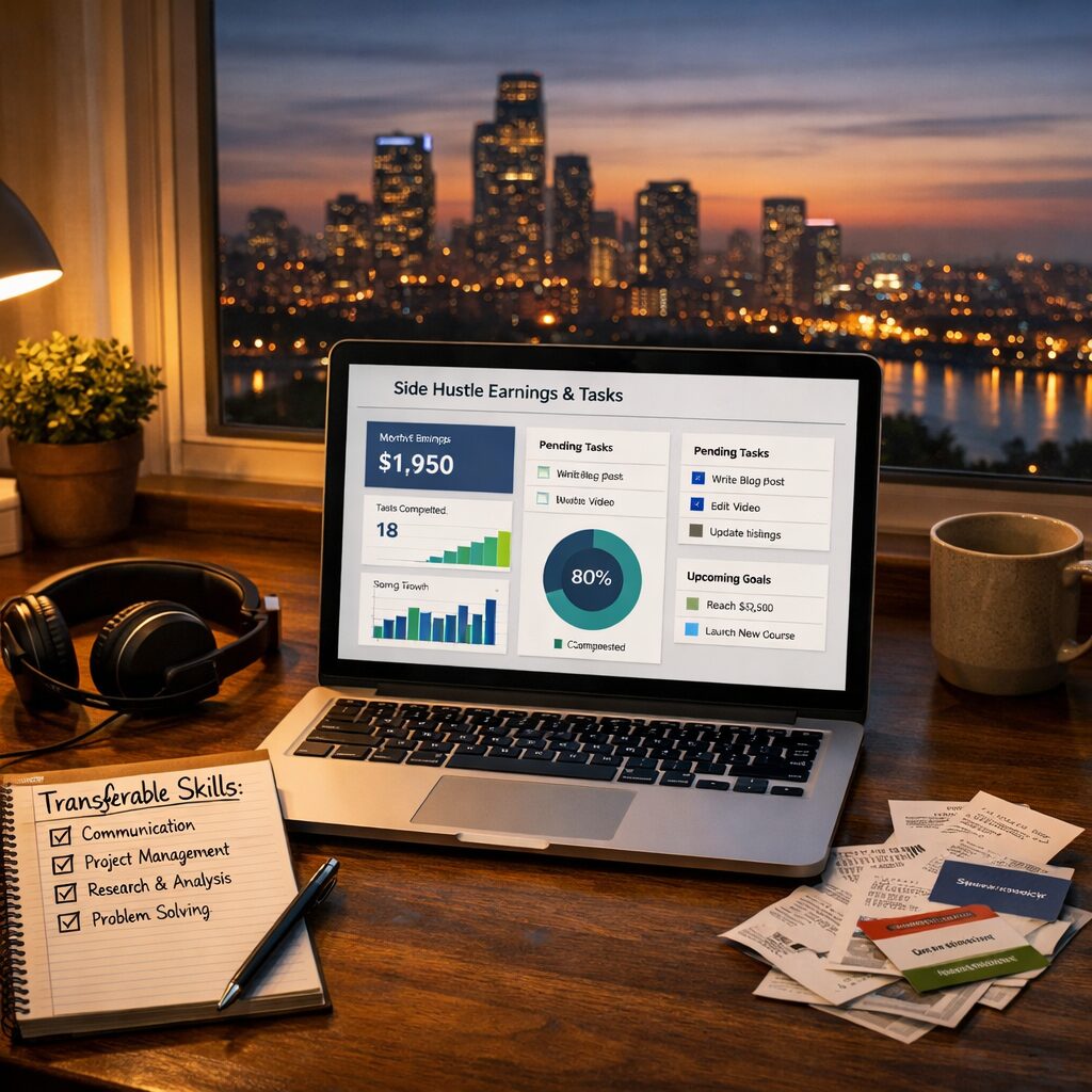 A realistic, high-resolution photograph of a home office desk at dusk: a laptop displaying a dashboard of side-hustle earnings and task metrics, a notepad with a boxed checklist titled 'Transferable Skills', a headset, and a small pile of receipts and subscription cards. Through the window, a city skyline glows with evening lights. The scene conveys careful evaluation and professional craft rather than frantic side-gig hustle.