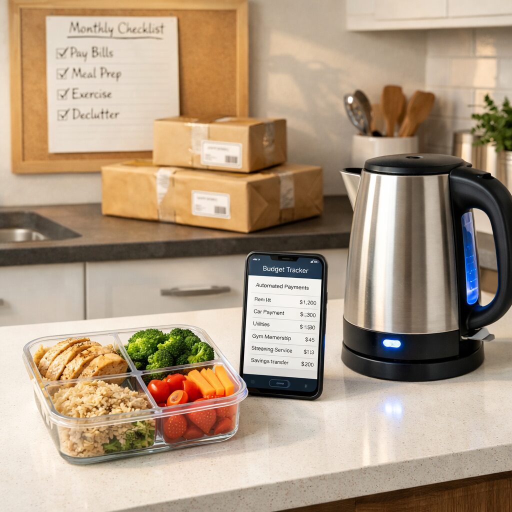 A realistic photo of a tidy modern kitchen bathed in soft morning light. On the central worktop sits a meal-prep container with neatly portioned food, a smartphone displaying a budget app with an automated payments list, and an energy-efficient kettle with an LED indicator. In the background, a corkboard shows a simple monthly checklist and a small pile of sold-items parcels ready for dispatch. The scene suggests quiet efficiency: order, reclaimed time and practical savings manifesting in everyday life.