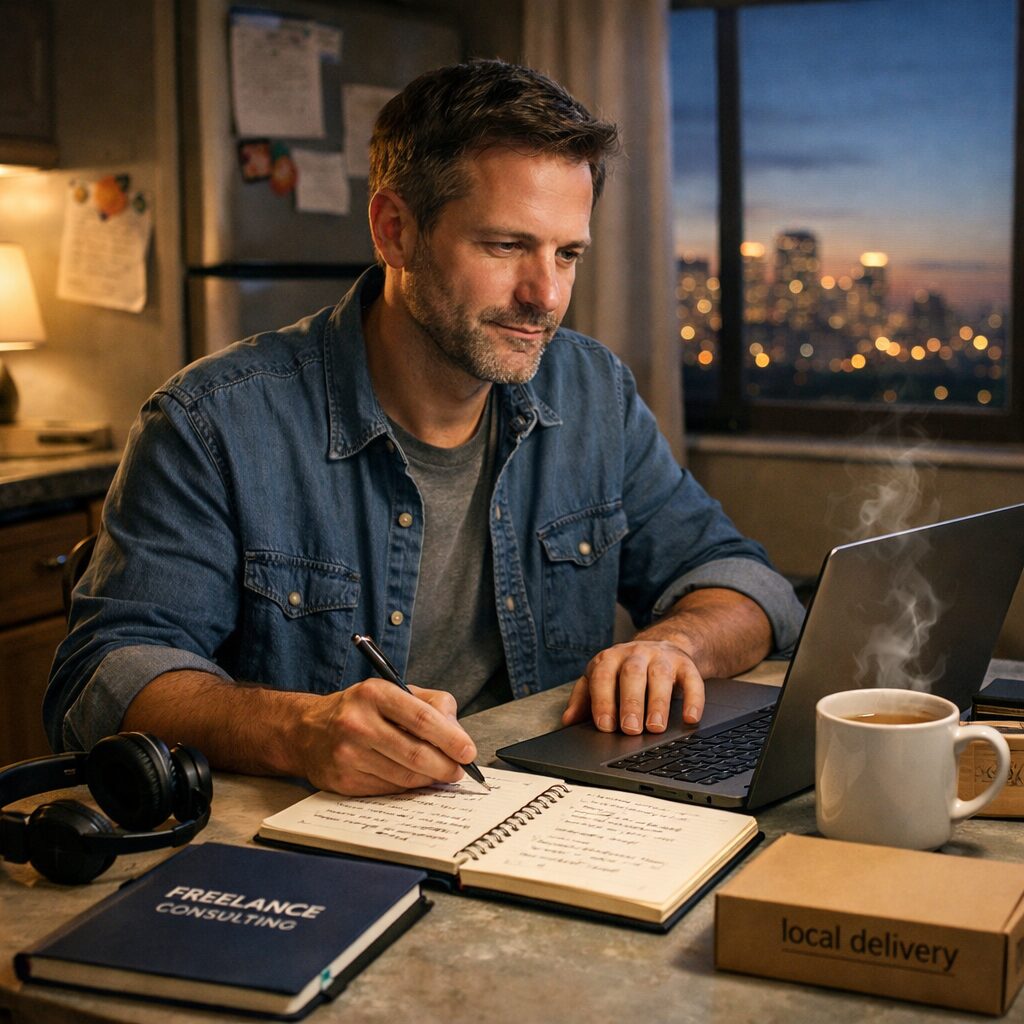 A realistic, cinematic photo of a mid-career professional in their early 40s sitting at a small kitchen table at dusk, laptop open, a notebook full of bullet points and a mug of tea steaming nearby. Around them are subtle indicators of multiple roles: a set of headphones for tutoring, a branded notebook for a freelance consultancy, a cardboard sample box labelled 'local delivery'. Through the window, a faint city skyline glows. The expression is focused but calm—someone deliberately building small, complementary income streams to solve practical and psychological gaps in life.