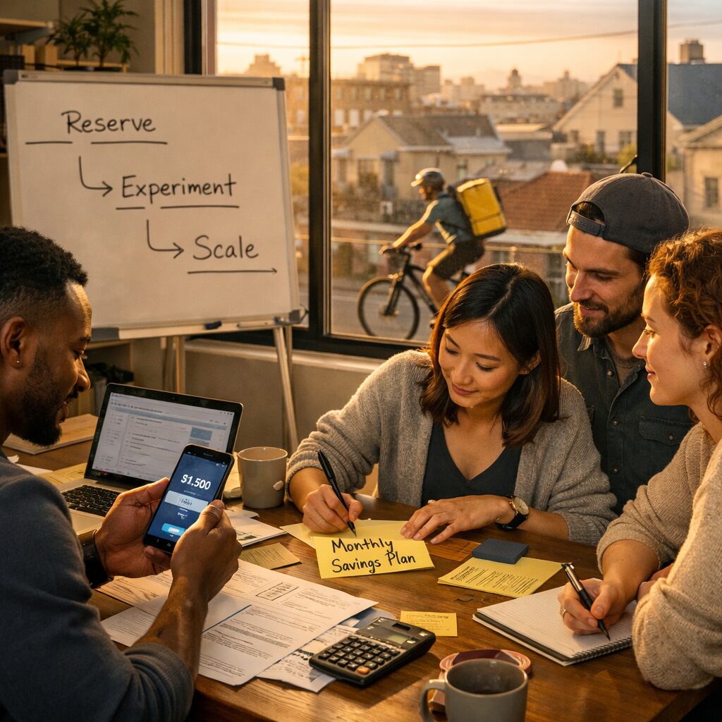 A high-resolution, realistic photo of a compact co-working workspace at golden hour: a small team of diverse entrepreneurs clustered around a central wooden table strewn with laptops, invoices, and a whiteboard showing a simple flowchart labelled 'Reserve → Experiment → Scale.' One person is transferring money on a phone app; another writes 'Monthly Savings Plan' on a sticky note. Through a large window, city rooftops and a delivery cyclist suggest urban commerce. The scene feels purposeful and calm—practical finance meeting creative hustle—with warm lighting highlighting collaboration and the tangible tools of a small enterprise.