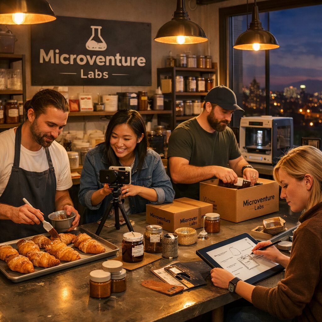 A lively co-working kitchen at dusk: a long industrial table with four people—one in a chef's apron glazing pastries, another photographing goods with a smartphone on a small tripod, a third packing orders into branded boxes, and the fourth sketching packaging designs on a tablet. In the background, a company-branded sign reads 'Microventure Labs' and shelves hold labelled ingredient bins and a small 3D printer. Warm pendant lights cast soft shadows; outside the window, city lights twinkle. The scene conveys collaboration between corporate infrastructure and independent creators, blending professionalism with a grassroots, entrepreneurial atmosphere.