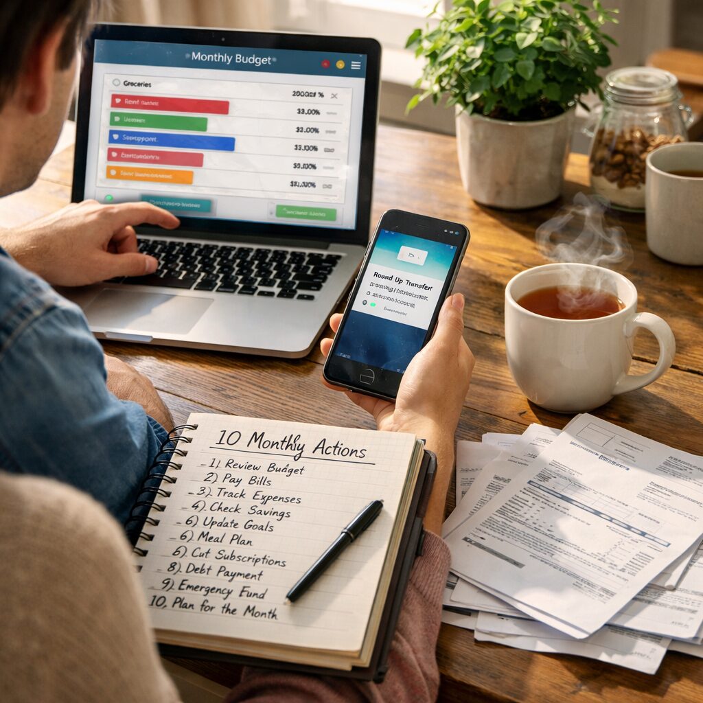 A realistic scene of a compact, sunlit kitchen table where a young couple organises their finances: a laptop displaying a budgeting app with colourful monthly categories, a smartphone showing a round-up savings notification, an open notebook with a handwritten '10 Monthly Actions' checklist, and a cup of tea steaming beside a pile of household bills. Natural light catches the edges of printed bank statements and a small potted plant, conveying a mix of domestic calm and focused intent.