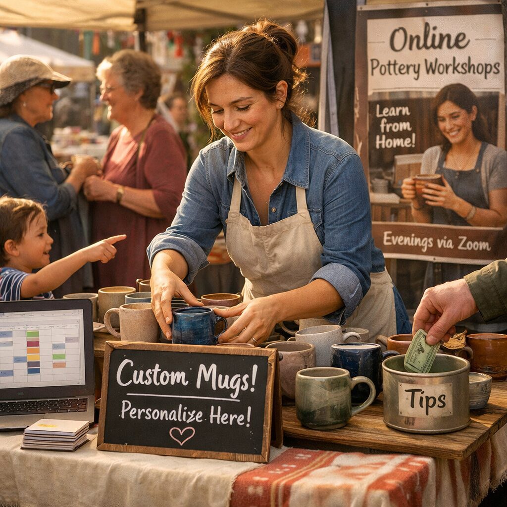 A realistic, candid scene: a mid-30s woman setting up a pop-up pottery stall in a bright weekend market. She has a small table with handmade mugs and a sign offering personalisation; a laptop showing her booking calendar sits next to a stack of business cards. Around her, neighbours chat, a child points at a colourful mug, and a passerby drops cash into a tin. In the background, a poster advertises an evening online workshop she runs, hinting at both local presence and digital income. The light is warm, giving the image an intimate, resilient feel—this is income, identity and community being rebuilt one small transaction at a time.