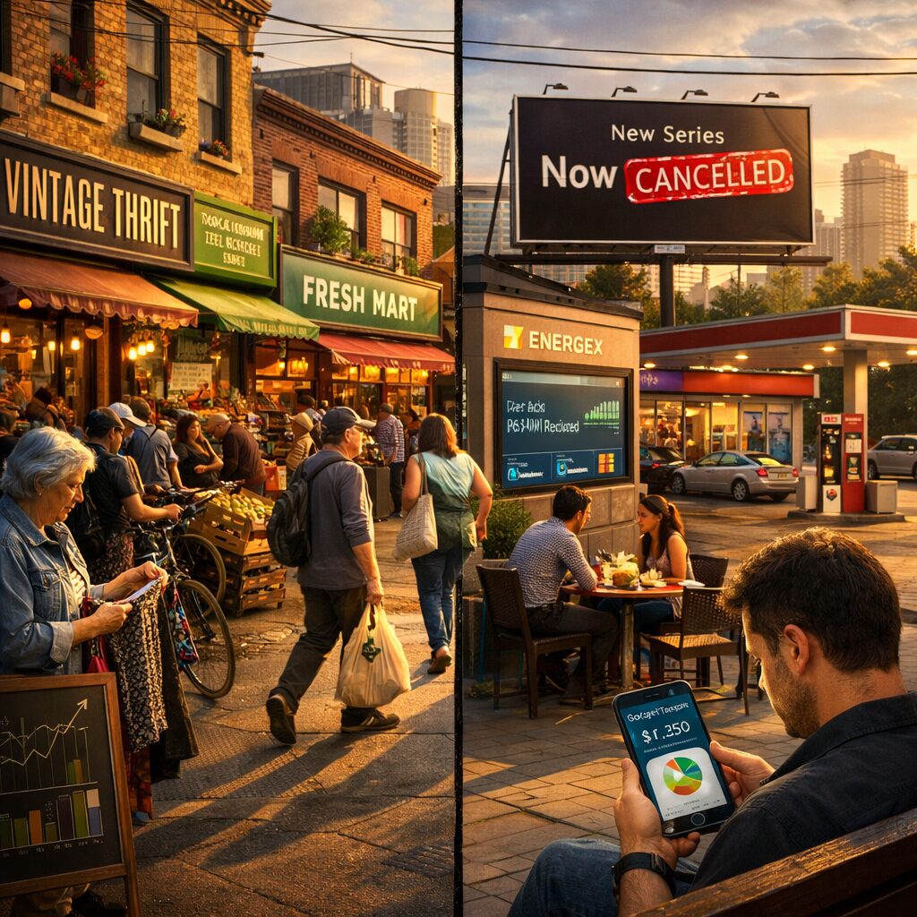 A realistic, high-resolution scene of a bustling urban neighbourhood divided into contrasting halves. On the left, small local shops, a second-hand boutique, a busy grocer with private-label displays and a cycle shop crowded with commuters; on the right, quieter restaurant terraces, an advertising billboard for a streaming service marked "Now Cancelled", a petrol station with fewer cars and a utility company office with a digital dashboard showing reduced peak load. Pedestrians of diverse ages carry reusable bags and inspect price tags; a commuter uses a smartphone budgeting app on a bench. The lighting is late-afternoon, casting long shadows and warm tones that emphasise interconnection—signage and reflected windows subtly display graphs and tiny stock-ticker motifs to hint at market effects without overwhelming the human activity.