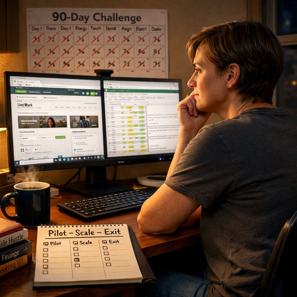A realistic, high-resolution photo: a mid-30s person sitting at a compact home desk at dusk, multiple browser tabs open showing gig platforms, a spreadsheet, and an email draft. On the desk are a notepad with a three-column checklist titled 'Pilot — Scale — Exit', a steaming mug, and a small stack of finance books. A wall calendar behind them marks 90 days. The lighting is warm, emphasising focus and late‑night decision-making; the person’s expression is thoughtful, caught between optimism and fatigue, illustrating the crossroads of enthusiasm and strategy when choosing a side hustle.