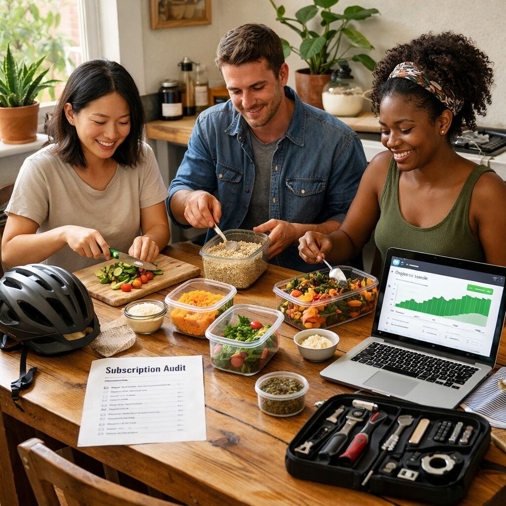 A sunlit urban kitchen table where three friends gather for a meal-prep session: reusable containers, a laptop open to a budgeting app displaying a green streak, jars of bulk ingredients, a printed list titled 'Subscription Audit', and a repair toolkit in the corner. Soft plants and well-worn ceramics convey curated minimalism; a bicycle helmet leans against a chair, signalling low-carbon transport. The scene captures communal ritual, digital tools and tangible austerity blending into a warm, aspirational lifestyle tableau.
