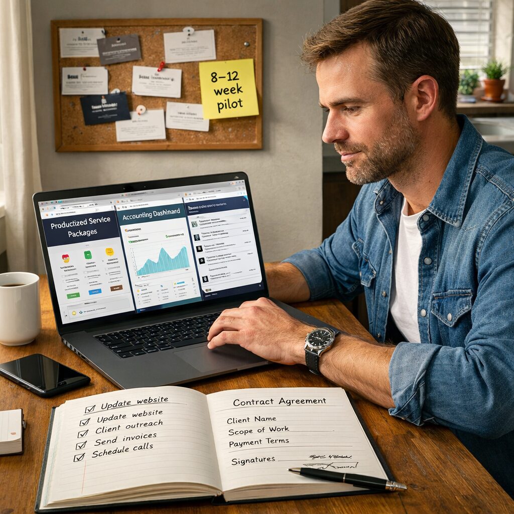 A crisp, realistic scene of a mid-30s professional at a daylight kitchen table, laptop open with three tabs visible (a productised service page, an accounting dashboard and a niche community forum). A notebook shows a handwritten checklist and a simple contract template. In the background, a small corkboard displays pinned business cards from local clients and a sticky note reading '8–12 week pilot'. The lighting is soft morning sun; the composition balances digital tools with analogue planning to convey pragmatic, expert-driven side-hustle work in 2026.