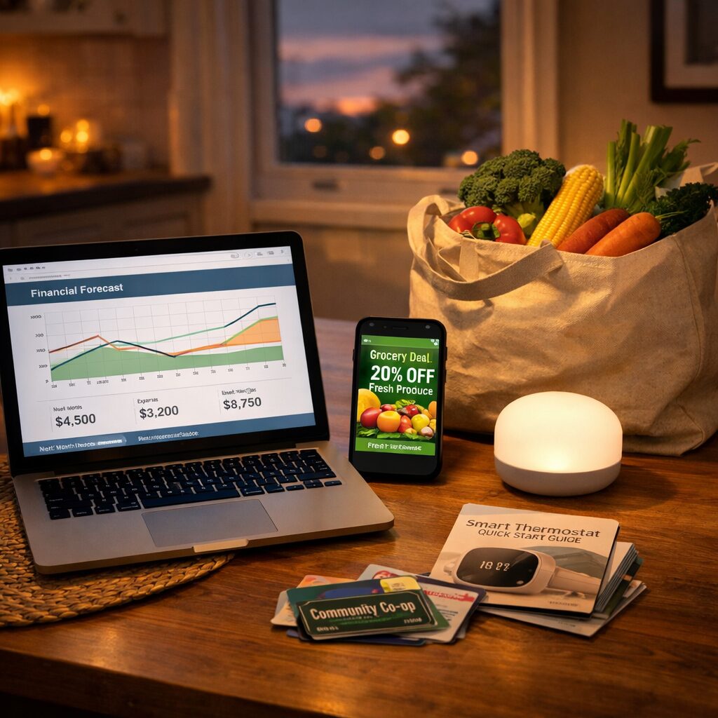 A realistic photograph of a modern kitchen table at dusk: a laptop with a budgeting app open showing predictive graphs, a smartphone displaying a grocery discount and a smart home hub glowing softly. Beside them, a reusable shopping bag with seasonal vegetables, a smart thermostat manual and a small pile of membership cards for local sharing co‑ops. Warm ambient light, tidy but lived‑in scene, conveying the intersection of technology, everyday life and practical saving.