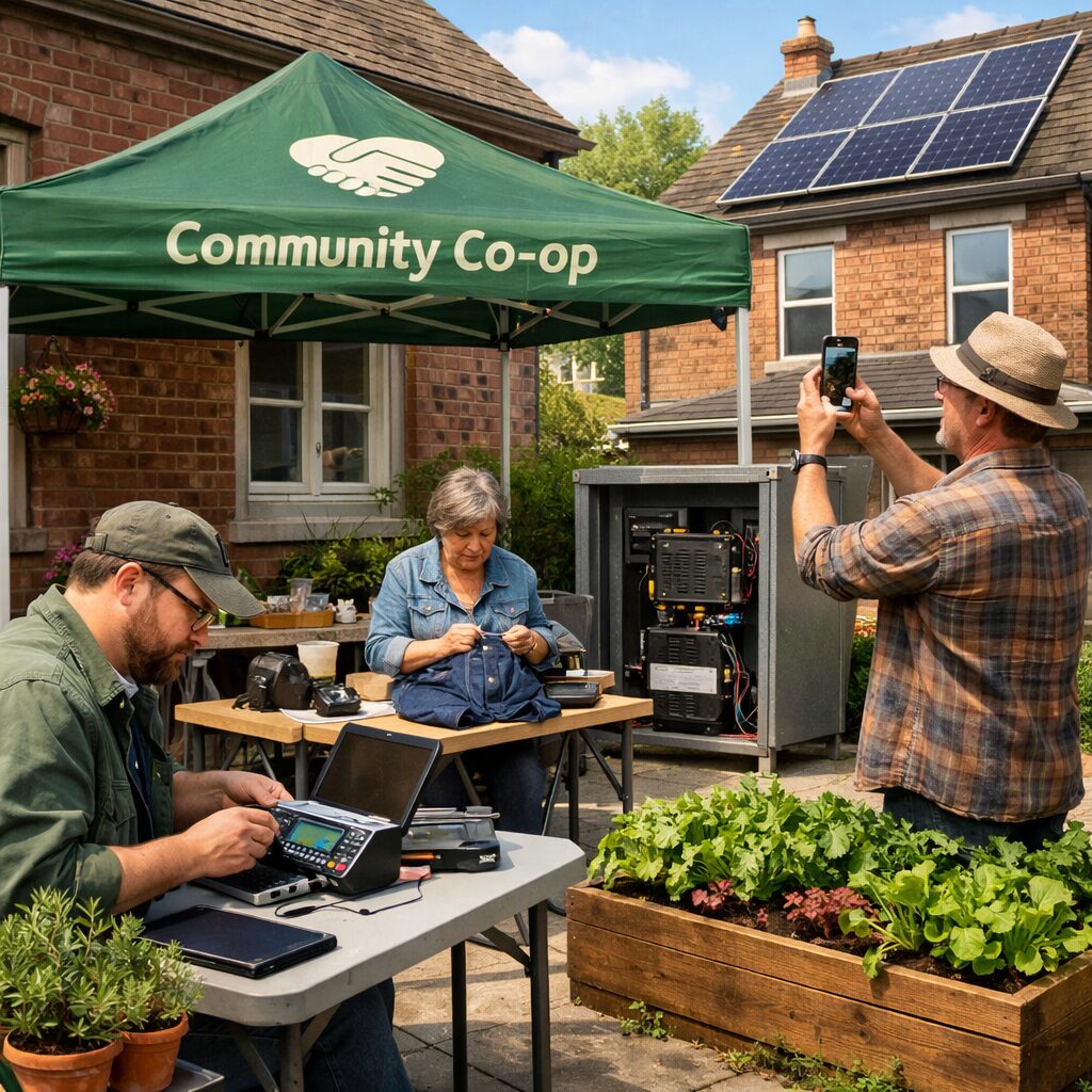 A realistic street-scene in late spring: a small group of people at a neighbourhood repair pop-up outside a refurbished brick community hall. One person tests a laptop battery on a compact battery analyser, another mends a denim jacket under a canopy imprinted with a local co‑op logo, while a third measures roof shading with a smartphone app beside a terraced house fitted with a small solar array and a repurposed EV battery in a weatherproof cabinet. Potted herbs, a raised bed of leafy greens and a poster advertising a weekend upcycling workshop complete the scene — sunlight, low-tech tools, and a sense of local circular activity.