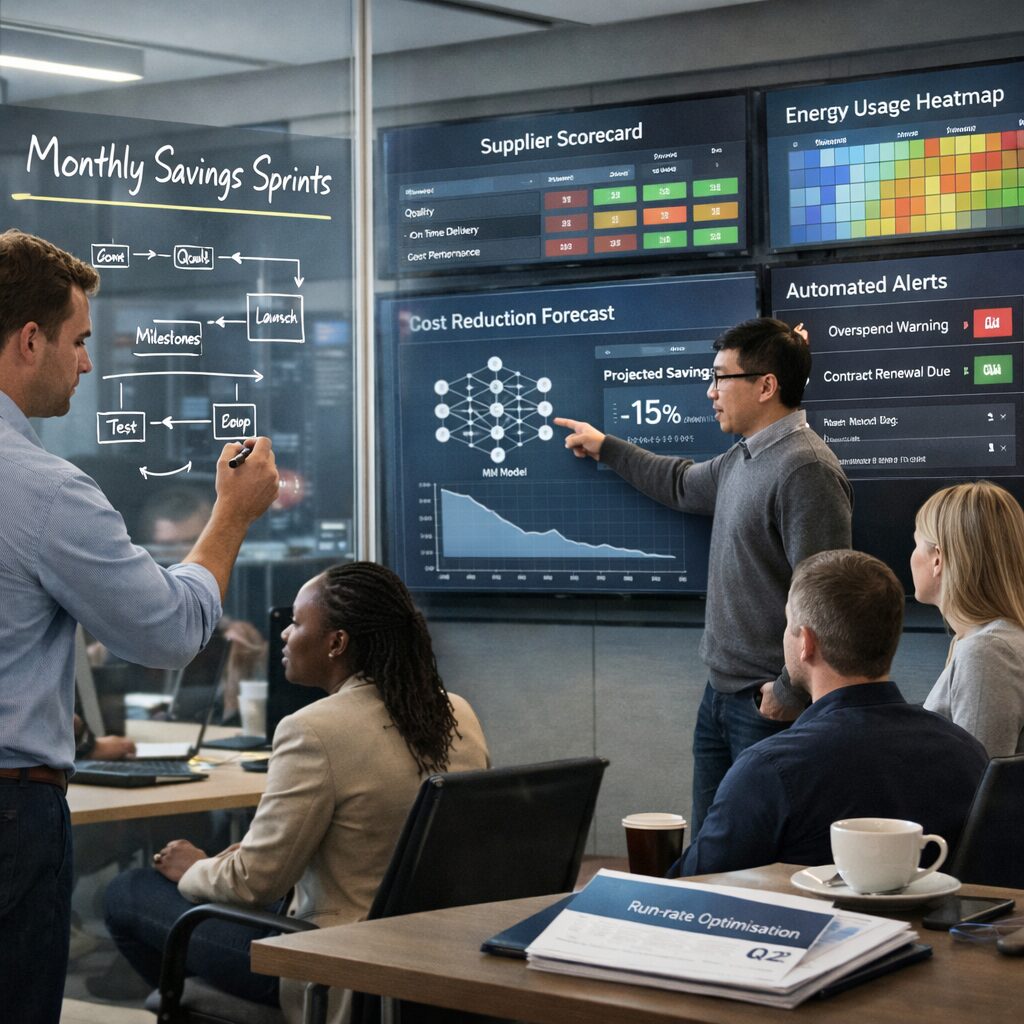 A high-resolution, realistic scene in a modern corporate operations centre: a diverse team of professionals clustered around large digital screens displaying interactive dashboards that show month-by-month savings metrics, supplier scorecards, energy usage heatmaps and automated alerts. In the foreground, a product manager sketches a roadmap on a glass wall labelled ‘Monthly Savings Sprints’, while a data scientist points to a machine-learning model predicting recurring cost reductions. Natural light filters through floor-to-ceiling windows; on a side table sits a coffee cup and a small stack of reports titled ‘Run-rate Optimisation Q2’. The overall mood is focused, collaborative and quietly optimistic, conveying precision, habit change and sustainable financial discipline.