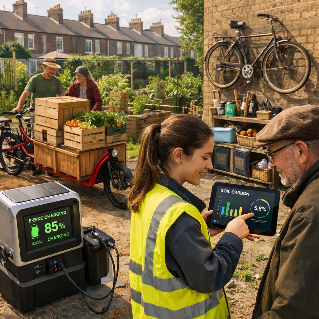 A sunlit urban allotment bordered by terraced houses: volunteers wheel a red e-cargo bike loaded with hand-built wooden compost bins and crates of rescued vegetables. In the foreground, a small mobile charging unit with a glowing display top-ups an e-bike; a young woman in a Hi‑Vis jacket uses a tablet to show a client a soil-carbon dashboard. Neighbourhood recycling racks and a repaired vintage bicycle hang on a wall behind them. The scene conveys community, low-tech ingenuity and digital verification working together.