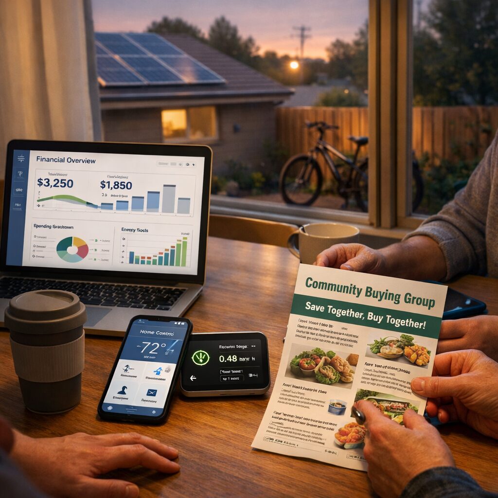 A realistic, softly lit image of a modern kitchen table at dusk: a laptop displaying a clean financial dashboard overlays a smart-home app on a smartphone, while a small group of neighbours casually share a printed community-buying leaflet. A reusable coffee cup and a compact smart meter device sit nearby. Outside the window, solar panels glint on a neighbouring roof and an electric bike is propped against a fence. The scene conveys domestic intimacy, digital orchestration and local cooperation—saving strategies woven into everyday life.
