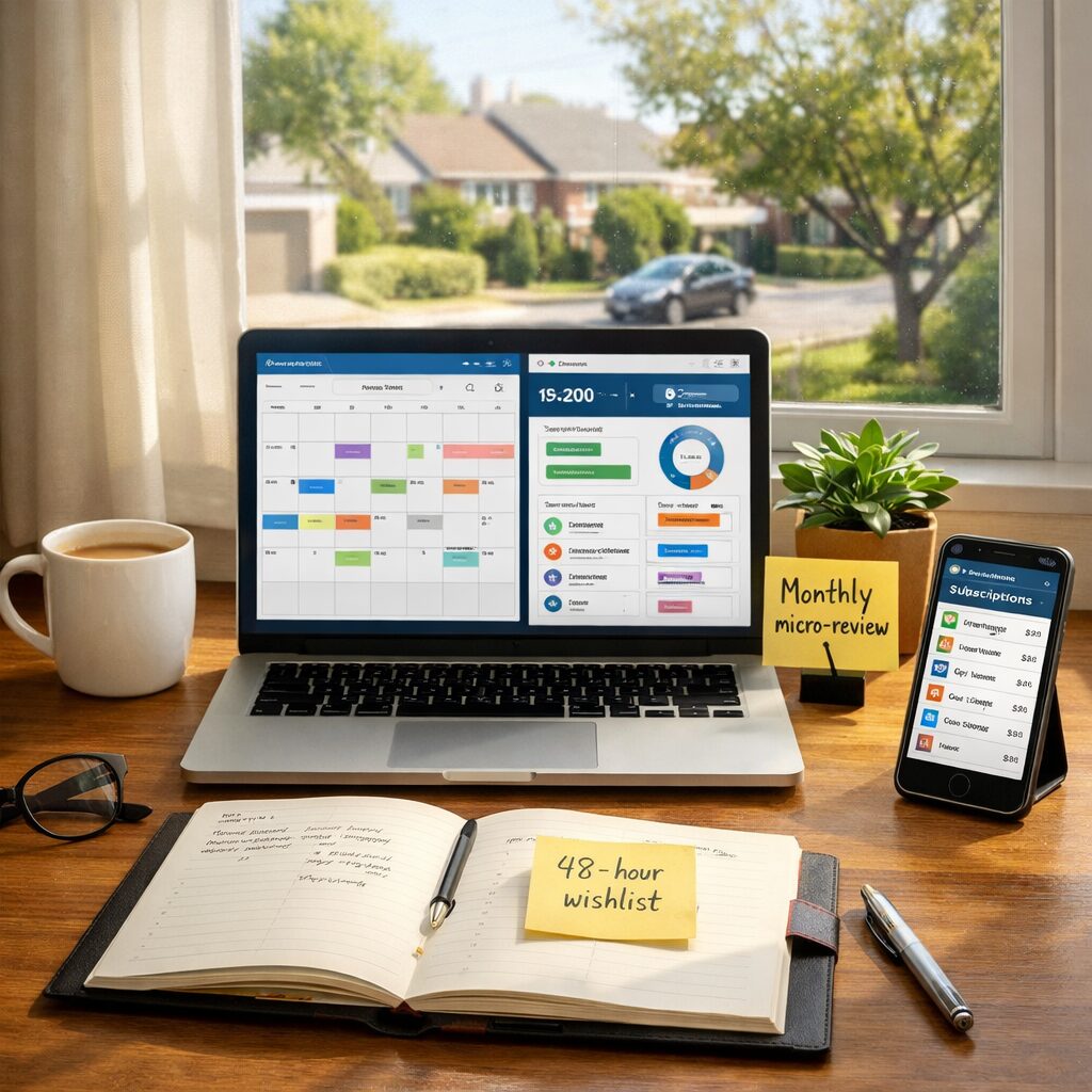 A sunlit home workspace: a neat desk with a laptop displaying a calendar and finance app side-by-side, a ceramic mug, a small plant and a post-it reading 'Monthly micro-review'. Nearby, a smartphone shows a subscriptions list, a paper planner lies open with a '48-hour wishlist' note, and a window reveals a suburban street. The scene feels calm, organised and practical — the visual of saving integrated into everyday life rather than an austere ledger.