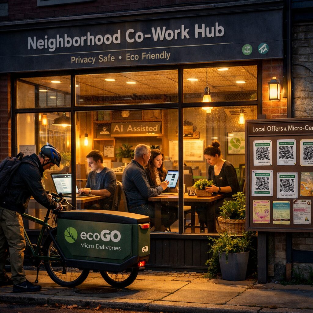 A realistic, cinematic scene of a neighbourhood co‑working hub at dusk: a glass-fronted repurposed shop with warm interior light. Inside, three people work at separate tables — one curating a digital template on a laptop, another coaching a local client while referencing an AI assistant on a tablet, and a third assembling a small plant-arrangement for local delivery. Outside, a cyclist locks a cargo bike branded with a micro‑delivery service logo, and a noticeboard displays QR-coded micro-certificates and local subscription offers. The image balances digital and tactile elements, with subtle signage hinting at privacy-compliant tech and sustainability badges.