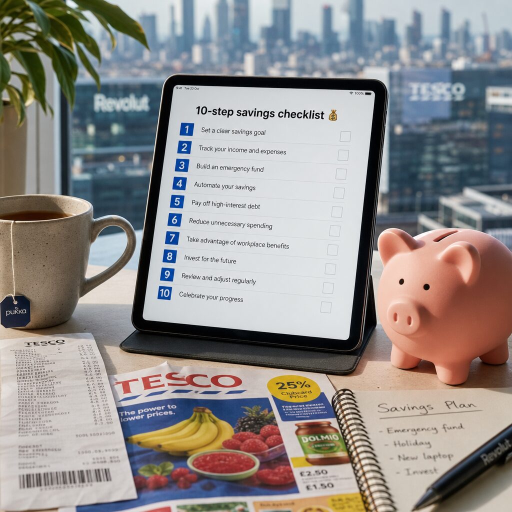 A high-resolution editorial photograph: a modern workspace table with an open tablet displaying a numbered '10-step' savings checklist, surrounded by a cup of tea, a receipt, a supermarket leaflet, and a silicone piggy bank. Soft morning light falls across the scene, and in the blurred background a city skyline hints at retail and fintech signage. The composition balances human habit (notes and tea) with digital modularity (the tablet UI), suggesting the collision of everyday life and industrialised saving practices.