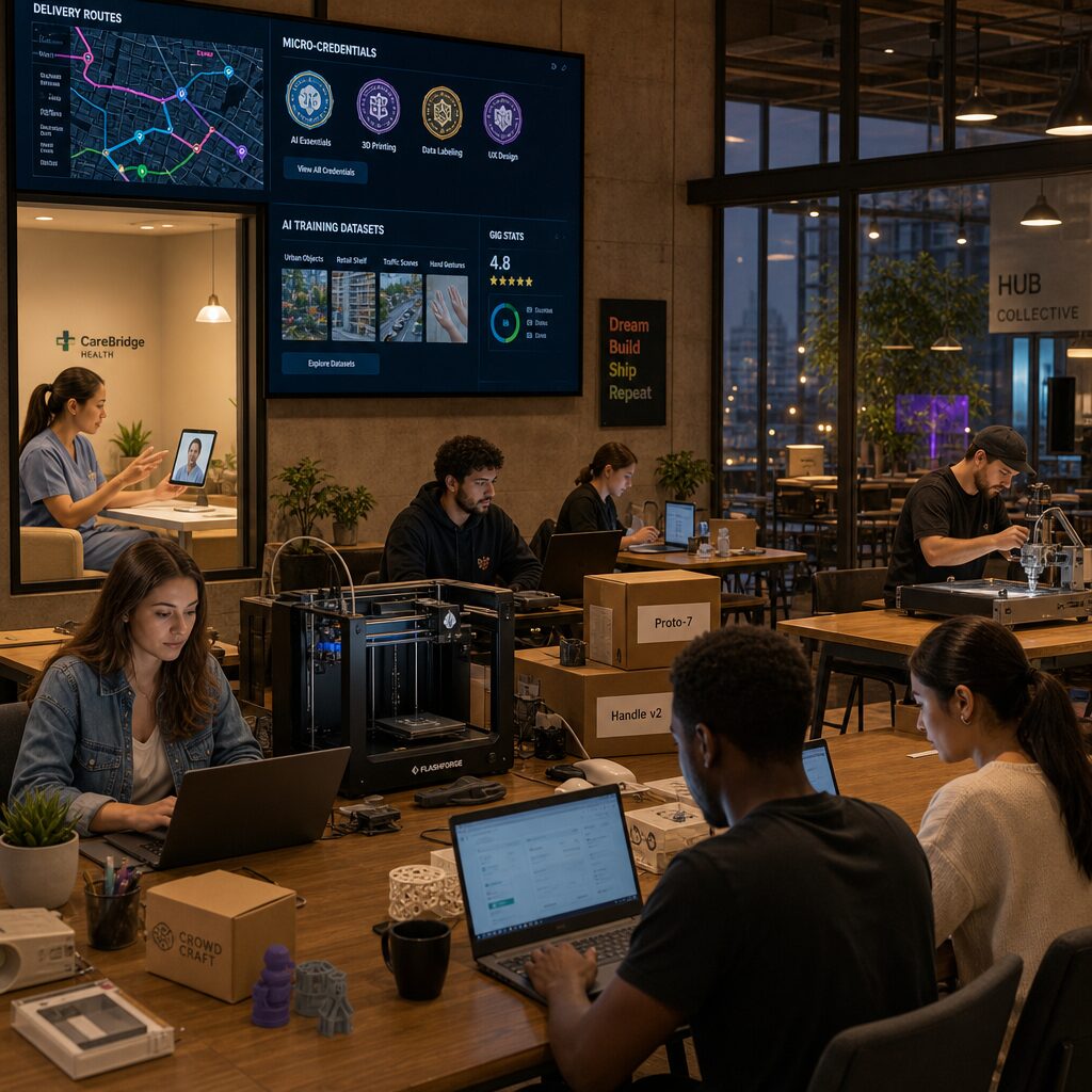 A realistic, high‑resolution image of a city co‑working hub at dusk: in the foreground, a diverse group of people work on laptops and 3D printers, labelled prototypes and packaging boxes are visible; a wall screen shows a dashboard with delivery routes, micro‑credential badges and AI training datasets. In the background, a café window reveals a nurse on a tablet conducting a telehealth session, while another table hosts a maker prototyping a product with a small CNC machine. The lighting is warm, the atmosphere collaborative and slightly techy, emphasising the crossover between gig activity and professional industry workflows.