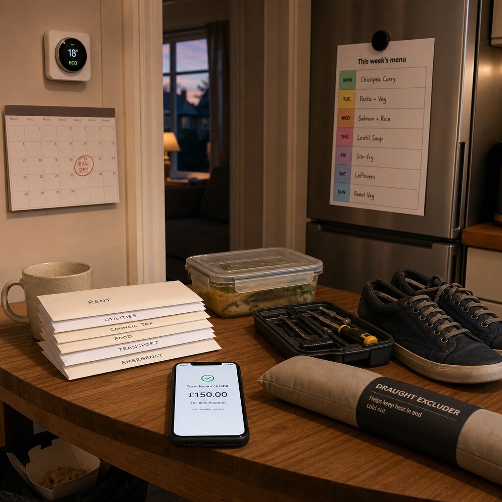 A realistic domestic scene showing a kitchen table at dusk: a neat stack of labelled envelopes and a smartphone displaying an automated transfer confirmation; a meal-prepped container with a magnetised weekly menu on the fridge; a small toolkit and a pair of secondhand shoes beside a sealed draught-excluder; in the background, a thermostat with an eco setting and a calendar marked with a ‘bill day’ reminder. Soft natural light, everyday textures (wood grain, ceramic mug), and a sense of calm organisation that contrasts with a half-empty takeaway box tucked out of sight.