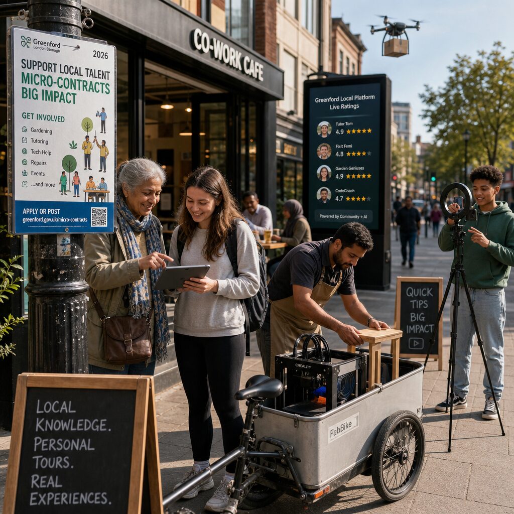A sunlit urban scene in 2026: a diverse group of micro-entrepreneurs clustered outside a co‑working cafe. A retired woman guides a young traveller with a tablet showing a bespoke walking route; a man with a portable 3D-printer packs a small furniture piece into a bicycle trailer; a teenager records a short instructional clip on a compact studio kit while a local council poster on a lamppost advertises a neighbourhood micro-contract scheme. In the background, digital signage displays platform ratings and a small drone delivers a parcel, hinting at a hybrid human–AI economy. The image captures texture—smiles, worn hands, devices, printed flyers—underscoring the blend of tech, locality and human expertise driving side‑hustle demand.