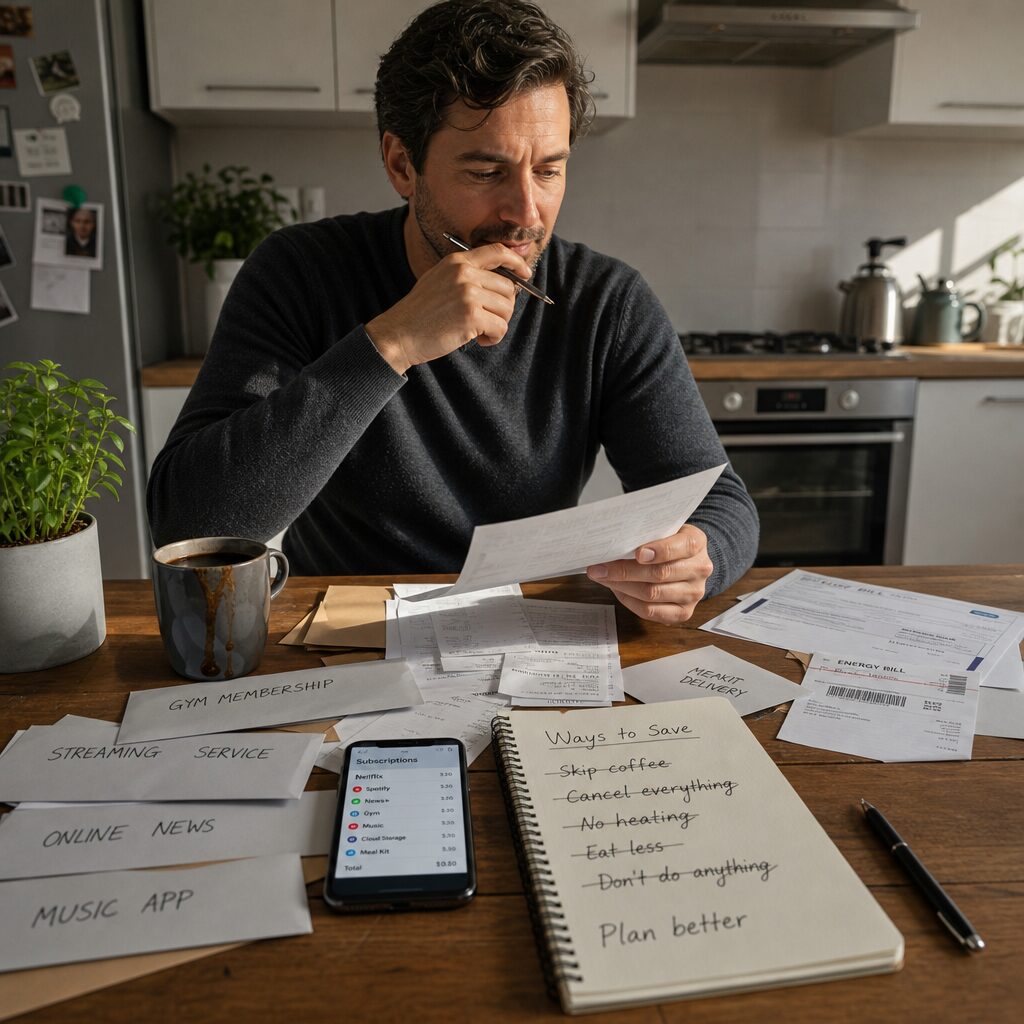 A warm, realistic scene of a mid-30s person at a kitchen table strewn with labelled envelopes, a smartphone displaying subscription services, a leaking mug, and a notepad with crossed-out saving tactics. Sunlight slants across receipts and an energy bill, while a small potted plant and a coffee cup add domestic detail. The expression on the person's face is thoughtful rather than stressed, suggesting planning and decision-making about which cost-cutting habits to keep, improve or replace.