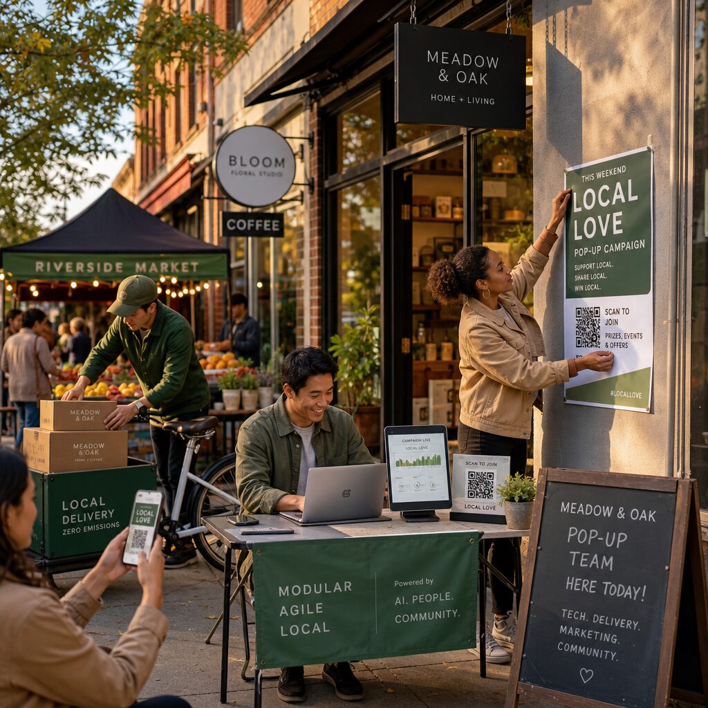 A lively high-resolution street scene at golden hour outside a small, modern independent shop. In the foreground a pop-up team of three — a person with a laptop setting up an AI-driven digital display, a delivery specialist arranging branded boxes on a cargo bike, and a marketer pinning a local event poster — collaborate on a folding table. Across the shopfront a QR-linked poster advertises a weekend micro-campaign; customers scan and interact. In the background, other small businesses and a market stall hint at a networked local economy. The colours are warm, with natural light catching diverse faces and tangible signage showing modular, temporary branding — communicating agility, community and technology in everyday commerce.