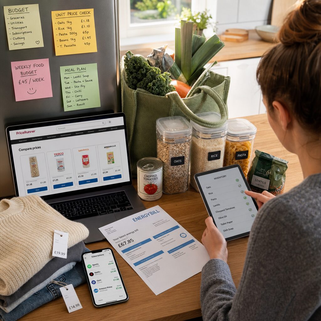 A high-resolution, candid scene at a modern kitchen table: an organised shopper sits with a laptop open to a comparison-website screen, a tablet showing a grocery inventory list, and a printout of an energy bill. Around them are labelled grocery containers, a reusable shopping bag half-filled with vegetables, a smartphone showing a subscription-management app, and a small pile of recently purchased garments with price tags. Sunlight pours through a window, illuminating sticky notes on the fridge with budget categories and unit-price calculations. The mood is focused and practical—tools and paperwork neatly arranged to convey deliberate, strategic shopping rather than impulsive spending.