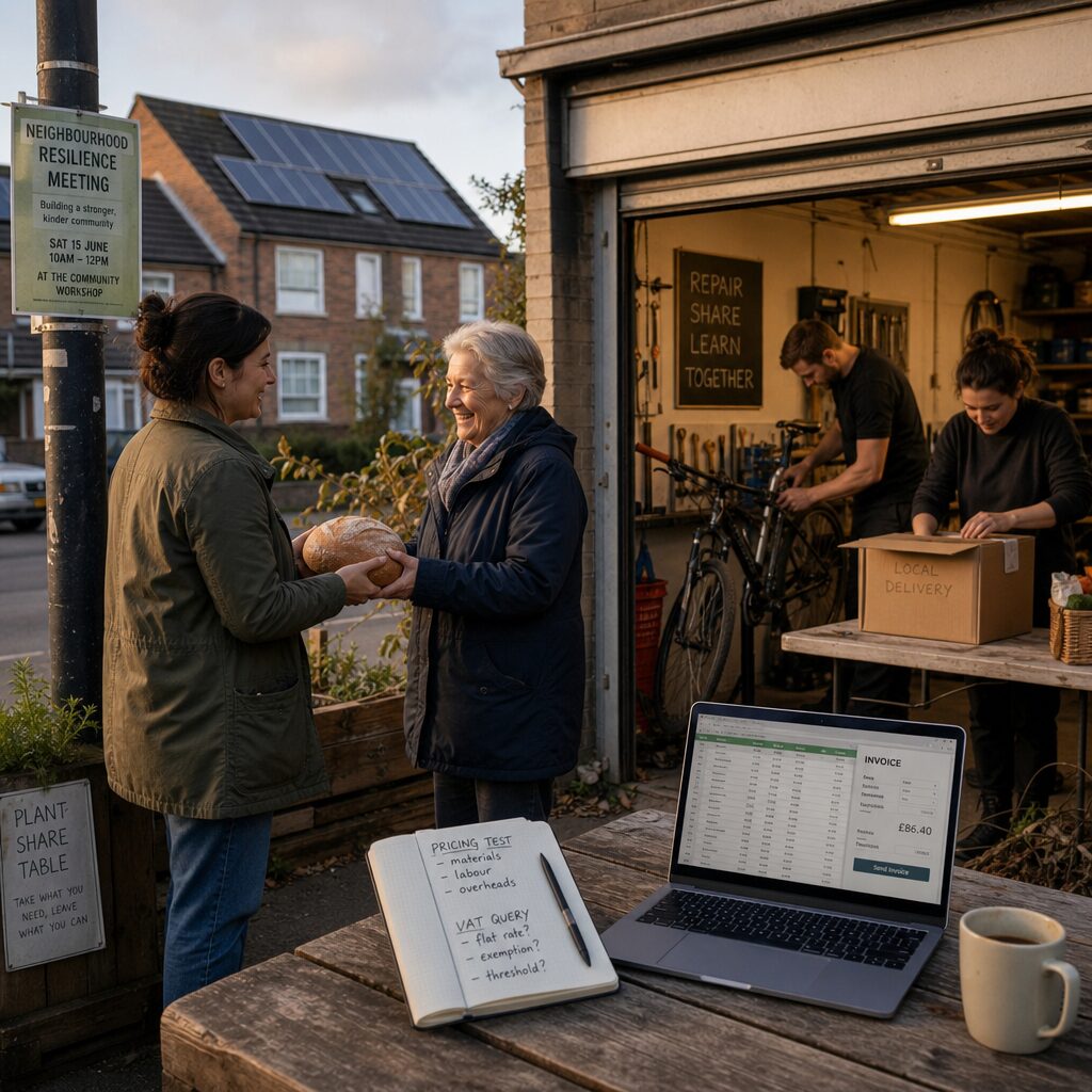 A realistic photograph of a late-afternoon urban neighbourhood scene: a small community repair workshop visible through an open garage door where a person in their thirties adjusts a bicycle while another packs a box for local delivery. On a nearby bench, a laptop shows spreadsheet rows and a simple invoicing app; beside it, a well-thumbed notebook lists ‘pricing test’ and ‘VAT query’. In the foreground, a tenant hands a loaf of bread to an elderly neighbour — an implicit sign of local exchange. The light is warm, emphasising a sense of purposeful calm and practical productivity, with subtle hints of solar panels on rooftops and a poster for a neighbourhood resilience meeting on a lamppost.
