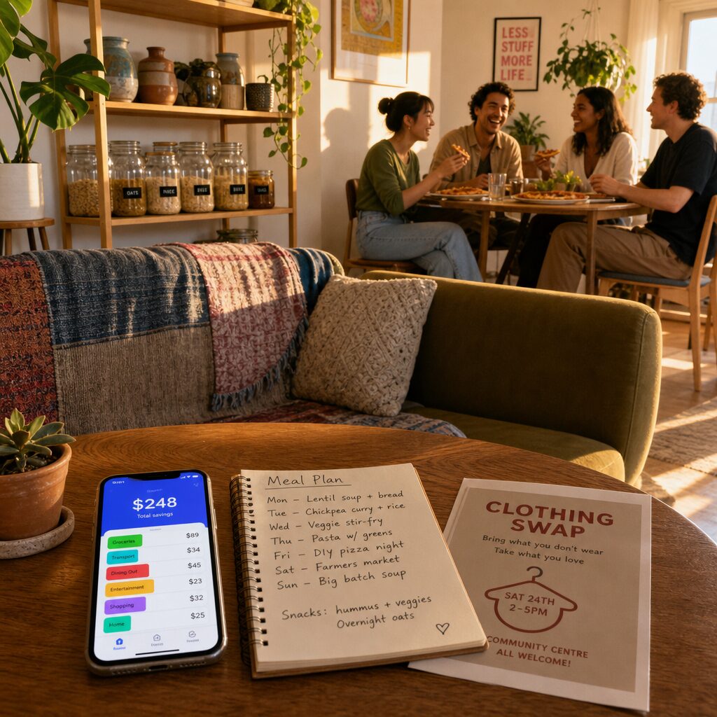 A sunlit, modern living room captured in warm late-afternoon light: a mid-century sofa patched with tasteful second-hand throws, a shelving unit displaying upcycled ceramics and neatly labelled glass jars of bulk groceries. On a coffee table sits a smartphone showing a colourful savings app dashboard next to a handwritten meal-plan and a folded clothing swap flyer. In the background, a small group of diverse friends laugh over a DIY pizza on a compact dining table, embodying communal thrift and micro-experience leisure.