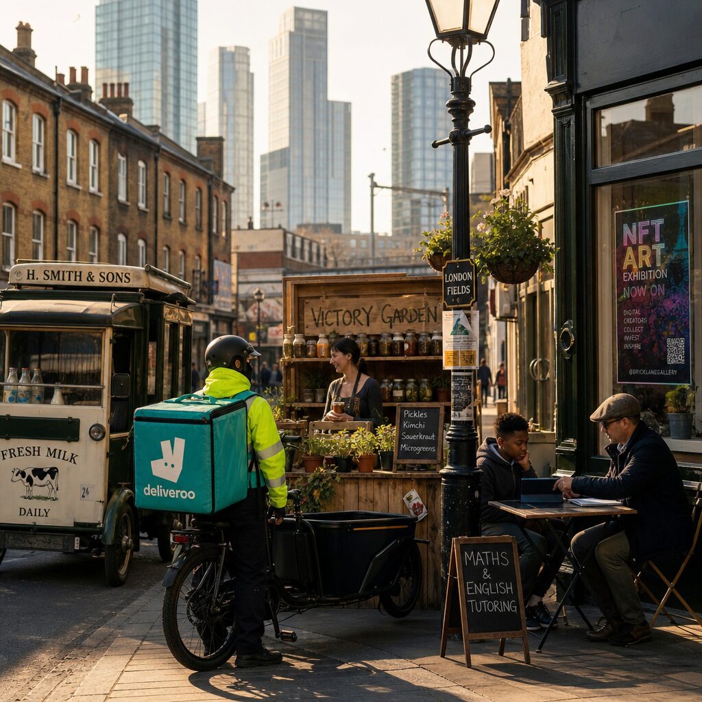 A realistic, sunlit street scene blending eras: in the foreground a modern delivery rider in a luminous jacket waits by a cargo bike docked next to a vintage milk float; behind them a woman sells jars of pickles and microgreens from a wooden stall labelled with a handwritten 'Victory Garden' sign; a tutor conducts a lesson on a tablet under a Victorian lamppost while a poster advertising NFT art hangs in a nearby shop window. The skyline mixes brick terraces and glass towers, symbolising continuity between old trades and new technologies; warm tones suggest industrious community energy and adaptable livelihoods.