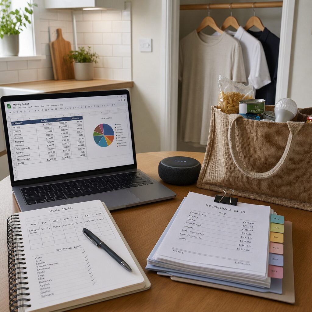 A realistic, detailed scene of a tidy kitchen table bathed in soft morning light: an open laptop displaying a budgeting spreadsheet, a neatly stacked meal-planning notebook with a pen, a smart speaker on standby, and a small pile of colour-coded household bills clipped together. Nearby, a reusable grocery bag contains bulk items (pasta, tins) and a compact LED bulb peeks out. A minimalist wardrobe capsule—three neutral shirts on wooden hangers—hangs visible in the background doorway. The overall mood is calm, purposeful and deliberately organised, conveying the sense that simple changes have created both financial order and reclaimed time.