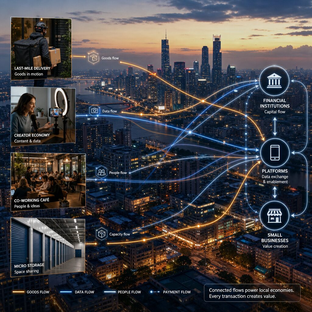 A panoramic cityscape at dusk with a collage of micro‑scenes overlaying it: a cyclist dropping off parcels, a home studio with ring light and camera streaming, a small café hosting co‑working patrons, and a row of compact storage units. Thin animated arrows radiate from each micro‑scene across the city to illustrate economic flows—payments, data and goods—converging on stylised icons for banks, platforms and small businesses. The palette is warm ambers and cool blues, emphasising human activity against digital infrastructure; the aesthetic is realistic with subtle infographic overlays to convey cause and effect.