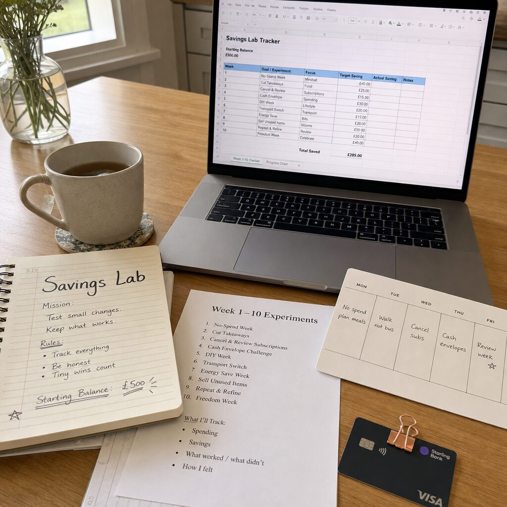 A crisp, realistic photo showing a light-filled kitchen table with an open notebook labelled "Savings Lab" beside a laptop displaying a simple spreadsheet. On the table are a mug of tea, a calendar marked with weekly tasks, a bank card paused under a paper clip, and a printed list titled "Week 1–10 Experiments." Natural morning light casts soft shadows; the scene conveys practical, calm organisation and the approachable start of a money-saving journey.