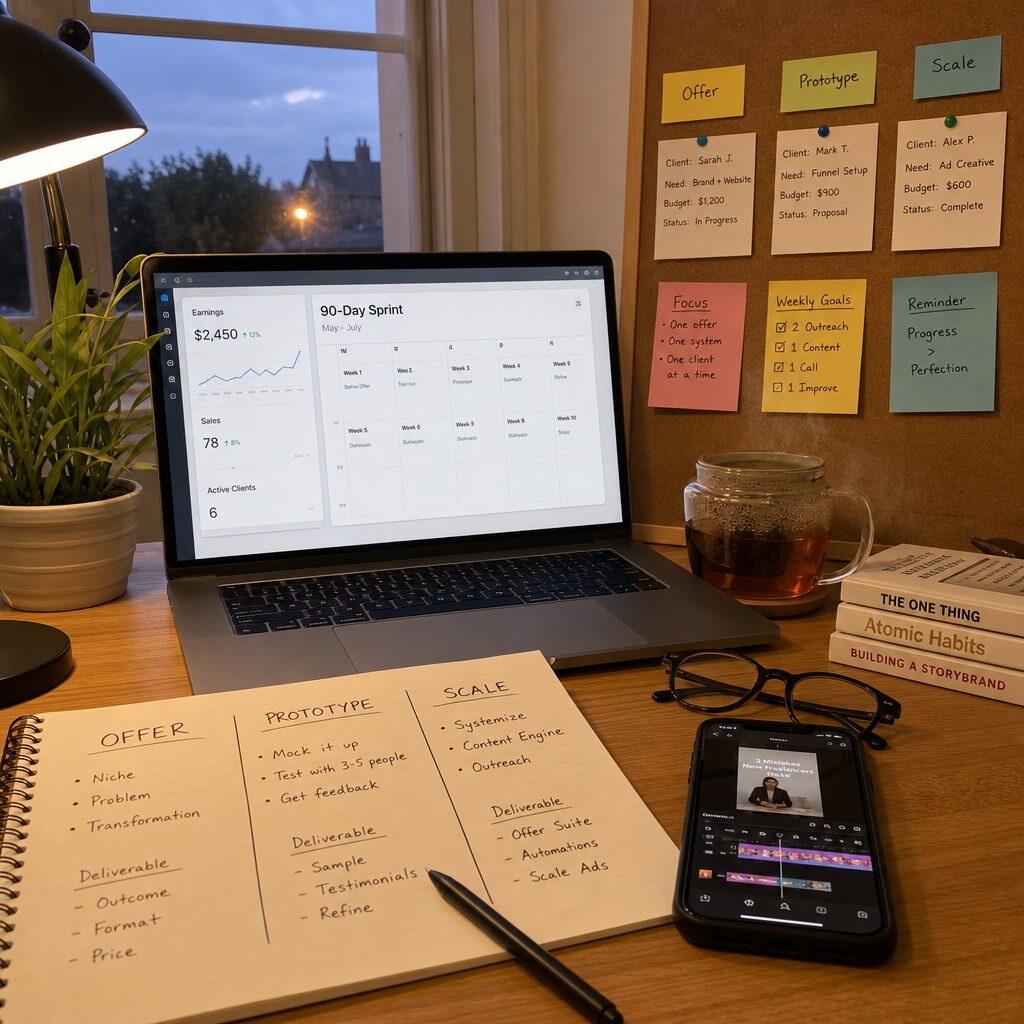 A realistic, well-lit photograph of a small home office in early evening: a tidy wooden desk by a window, a laptop showing a dashboard with earnings and a calendar labelled “90‑Day Sprint”, a notebook open with a three-column plan, a smartphone displaying a short-form video being edited, and a pot of tea steaming beside a pair of glasses. In the background, a corkboard with pinned client cards and sticky notes titled “Offer”, “Prototype” and “Scale”. The scene conveys focus, modest professional equipment, and the practical, stepwise approach a beginner uses to launch a modern side hustle.