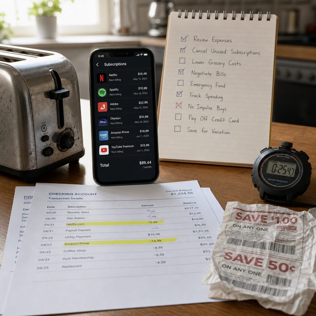 A sharply lit, realistic scene of a kitchen table strewn with common personal finance artefacts: a smartphone showing multiple subscription icons, printed bank statements with highlighted transactions, a crumpled coupon sheet, a low-cost toaster with visible wear, and a digital stopwatch. In the background a notepad bears a checklist with ticked and crossed boxes. The composition conveys scrutiny and deliberation—close-up focus on the checklist and phone, muted domestic tones, natural daylight from a nearby window, gentle depth of field to suggest methodical examination rather than chaos.