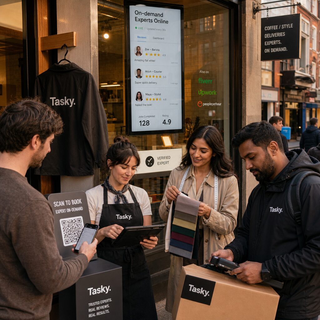 A high‑resolution, realistic street‑level scene showing a small retail storefront with a branded courier jacket hanging on a hook. In the foreground, a diverse group of gig workers — a barista with a tablet, a freelance stylist holding fabric swatches, and a courier scanning a package — are gathered around a branded kiosk where a customer scans a QR code. The shop window displays a digital screen showing live micro‑reviews and a miniature dashboard that reads 'On‑demand Experts Online'. Warm late‑afternoon light, urban neighbourhood, visible micro‑credentials badges on the workers' apps, subtle signage linking to freelance platforms.