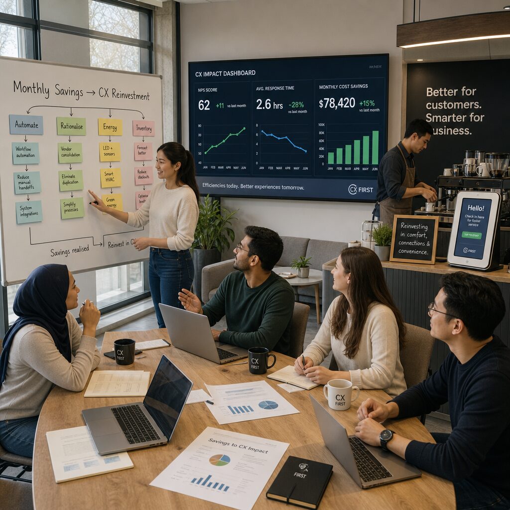 A brightly lit modern office with a diverse team gathered around a long table. On one side, a whiteboard shows a flowchart labelled 'Monthly Savings → CX Reinvestment' with sticky notes for items like 'Automate', 'Rationalise', 'Energy', and 'Inventory'. A data dashboard on a wall-mounted screen displays KPIs: NPS rising, response times shrinking, and monthly cost savings ticking upward. In the foreground, a barista-style counter suggests reinvestment into customer comfort — soft seating, branded mugs and a small digital kiosk for faster check-in. Natural light falls across documents and laptops, conveying practical collaboration and a human-centred approach to efficiency.