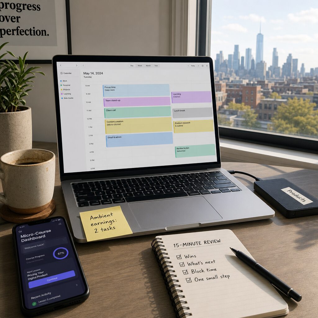 A realistic scene of a modern home workstation at mid‑morning: a slim laptop open with a calendar app showing colour‑coded flow blocks, a smartphone displaying a micro‑course dashboard, a half‑drunk coffee, and a small notebook with a tidy '15‑minute review' checklist. Through a window, a city skyline suggests hybrid commuting. Light from the window falls on an external hard drive labelled 'Products', and a small post‑it on the laptop reads 'Ambient earnings: 2 tasks'. The overall mood is calm, organised and purposeful — a day where a side hustle lives harmoniously inside an everyday workflow.
