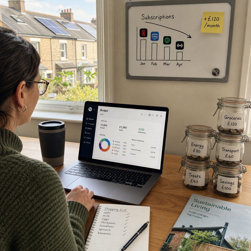 A sunlit kitchen table scene: a mid-30s person with a laptop open to a budgeting app, surrounded by a shopping list, a reusable coffee cup and a small stack of neatly labelled jars for monthly envelopes. On the wall behind them, a magnetic board shows a simple chart with declining subscription icons and a sticky note reading “+£120/month”. Outside the window, a neighbour’s solar panels are visible on a terraced roof, subtly linking household savings to sustainability.