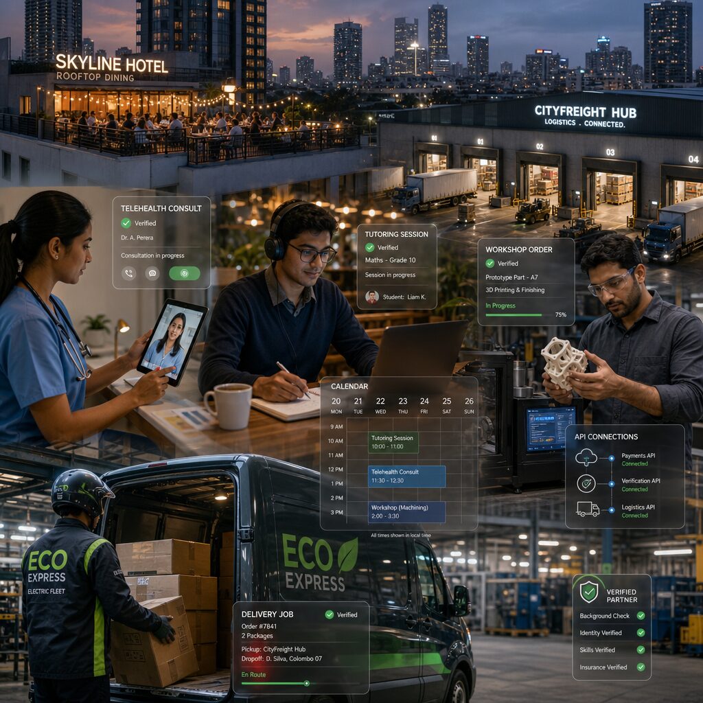 A dynamic urban collage at dusk showing diverse micro-entrepreneurs against a backdrop of industry: a nurse doing a telehealth consultation on a tablet, a tutor conducting an online lesson from a cafe, a freelance machinist inspecting a 3D-printed prototype in a compact workshop, and a delivery rider loading packages into an electric van. Overlaid are subtle digital UI elements—calendar slots, verification badges, API connections—symbolising platform integration. The city skyline behind features a hotel with a pop-up dining event on its roof, and a logistics hub with illuminated loading bays, conveying the interlocking relationship between small-scale hustles and large industry infrastructure.