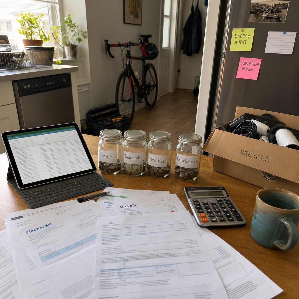 A realistic domestic scene showing a kitchen table strewn with monthly bills, a tablet displaying a spreadsheet, a row of labelled jars for budgeting, and a half-packed box of household gadgets earmarked for recycling. Sunlight filters through a nearby window, illuminating sticky notes on the fridge with reminders like 'Energy Audit' and 'Subscription Review.' In the background, a bicycle leans against the hallway wall and a small toolbox sits open, symbolising both DIY attempts and the need for professional help.