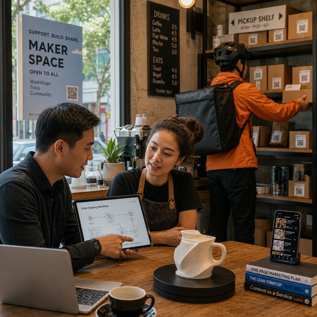 A realistic, high‑resolution scene in natural light showing a small independent café with a modern, modular vibe. In the foreground, a freelance automation specialist sits at a laptop at a communal table, sharing a tablet screen with the café owner to show an order‑routing workflow. Behind them, a delivery cyclist picks up a box from a micro‑fulfilment shelf labelled with compact QR tags. Nearby, a 3D‑printed product prototype and a small stack of short social‑media videos on a phone screen hint at rapid product testing and content‑as‑a‑service. The street outside shows a poster advertising a community maker space, suggesting local ecosystem support. The mood is pragmatic and optimistic, colours warm, with subtle signs of technology seamlessly integrated into everyday small business life.