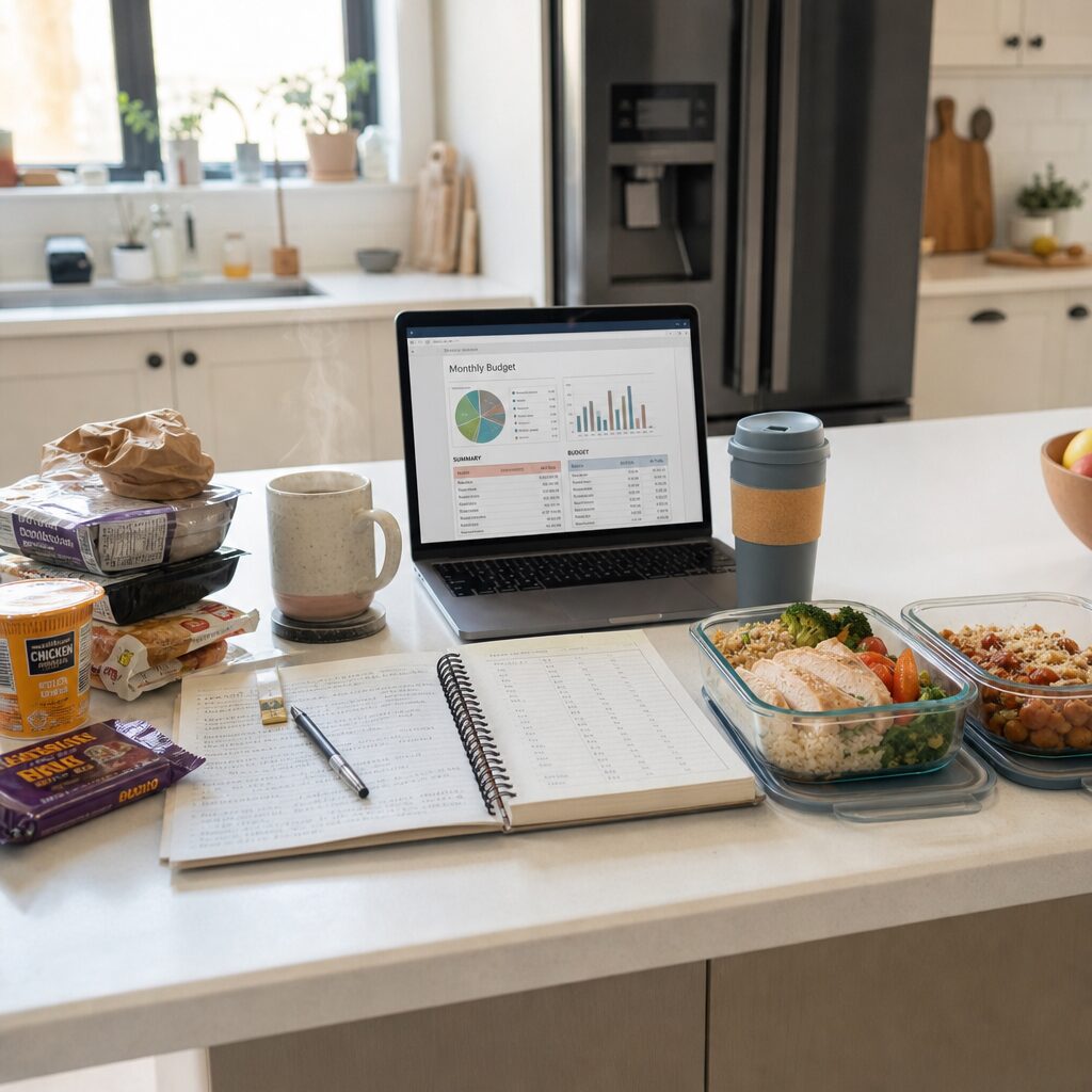 A crisp, realistic photo of a neatly organised kitchen island bathed in morning light. On one side sits a small stack of inexpensive, single-use food packages with crumpled wrappers; on the other, a set of quality glass containers with homemade meals, a reusable coffee cup and a well-thumbed budgeting notebook open to a spreadsheet. A laptop displays a monthly budget and a mug of tea steams beside it. The composition contrasts immediacy with durability and suggests thoughtful, practical choices rather than austerity.