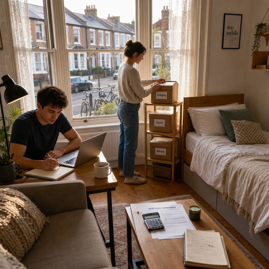 A warm, realistic scene showing a young couple in a compact terraced house: one person sits at a tidy desk with a laptop and open notebook (representing remote freelancing), while the other stands near a bay window arranging a small set of neatly labelled storage boxes (representing a micro-storage or e-commerce side hustle). Sunlight filters through lace curtains, casting soft shadows on wooden floors. In the background, a neatly made single guest bed with a tasteful throw hints at short-term letting potential; a mortgage document and calculator lie on the coffee table. The street visible outside shows a quiet residential neighbourhood with a mix of terraced homes and bikes on the pavement, suggesting urban convenience balanced with community concerns.