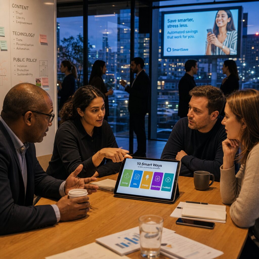 A realistic editorial-style photograph: a modern co‑working space at dusk with glass walls showing silhouettes of people in small groups. On a central table lies a tablet displaying a colourful dashboard titled '10 Smart Ways', with icons for savings, bills, energy, subscriptions and cashback. Around the table, a utilities manager holds a coffee and gestures to a fintech product manager pointing at charts, while an insurer and a landlord listen. In the background through the window, city lights glimmer and a billboard shows a friendly ad about automated savings. The scene conveys collaboration across sectors—content, tech and public policy—turning simple tips into shared, data-driven services.